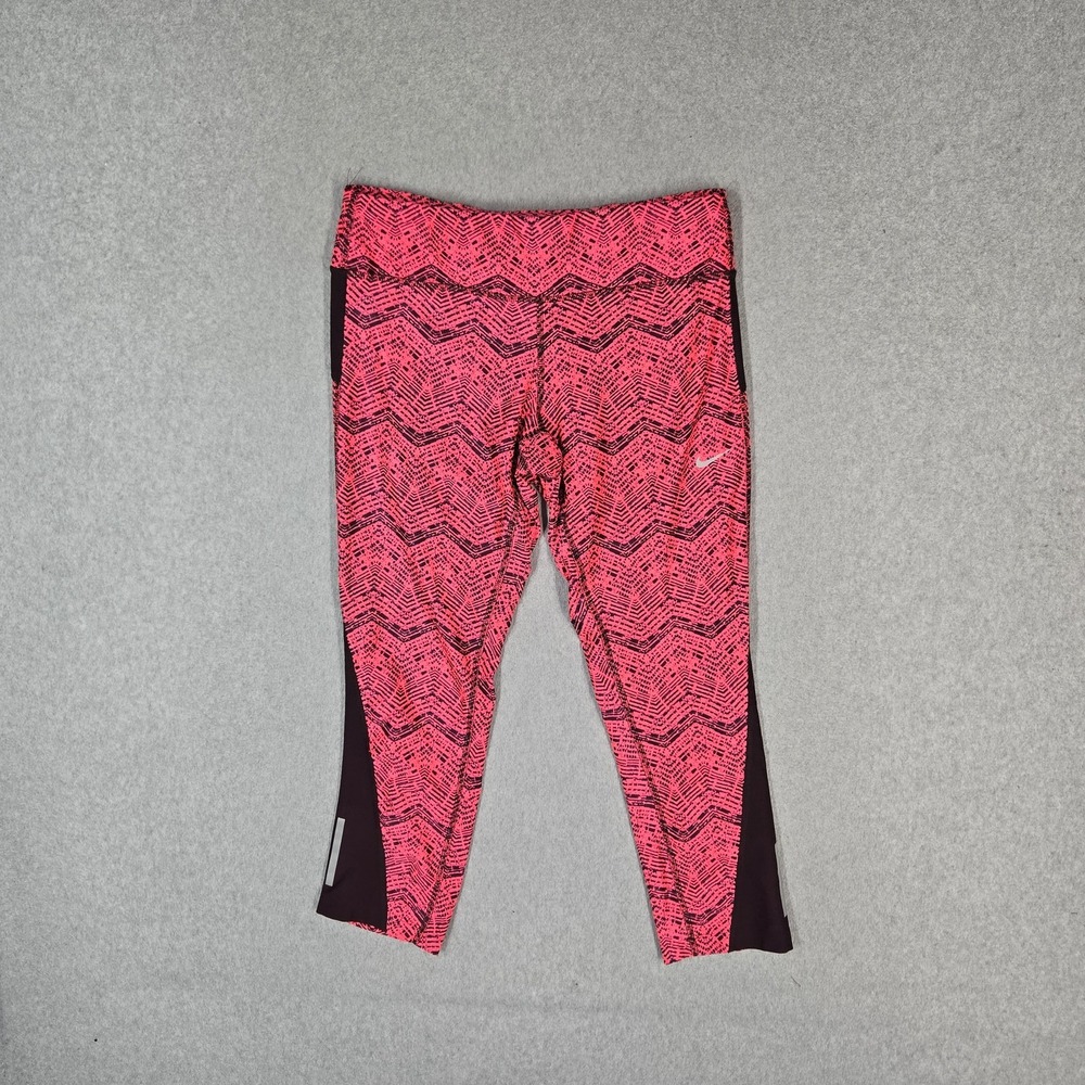 Nike Women Activewear Pants L Pink Geometric Printed Racer Crop Running Leggings